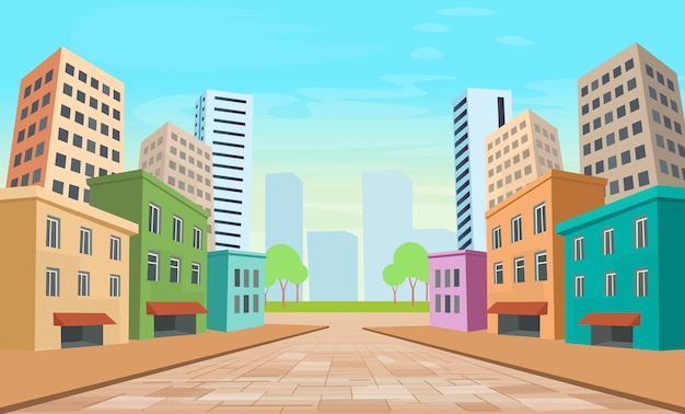 Strada prospettica della città con vista panoramica delle facciate delle case. Paesaggio urbano colorato.