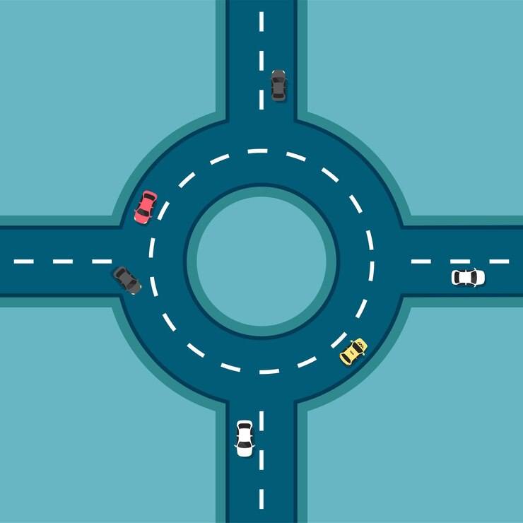 Vettore strada vista dall'alto con vetture diverse. rotatoria. incrocio stradale. autostrada e svincolo autostradale. infrastruttura della città con elementi di trasporto in uno stile moderno piatto.