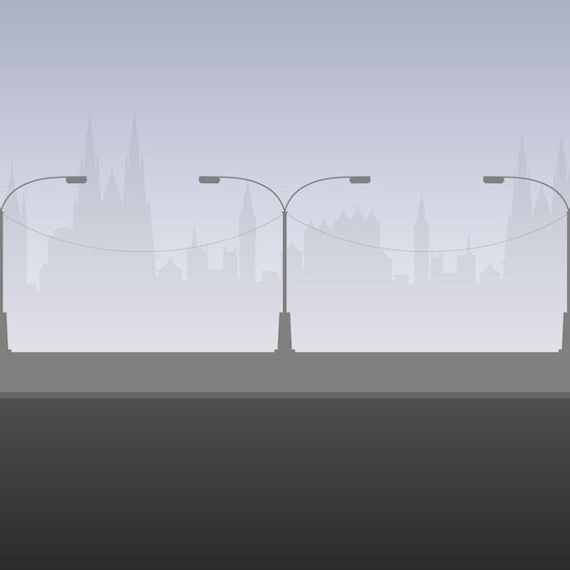Strada vuota con silhouette della città. Paesaggio della città in colori grigio chiaro. Vettore.