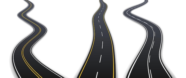 Strade autostradali asfaltate realistiche con segnaletica gialla e bianca per la guida. Insieme di percorso del veicolo isolato su priorità bassa bianca. illustrazione vettoriale 3D
