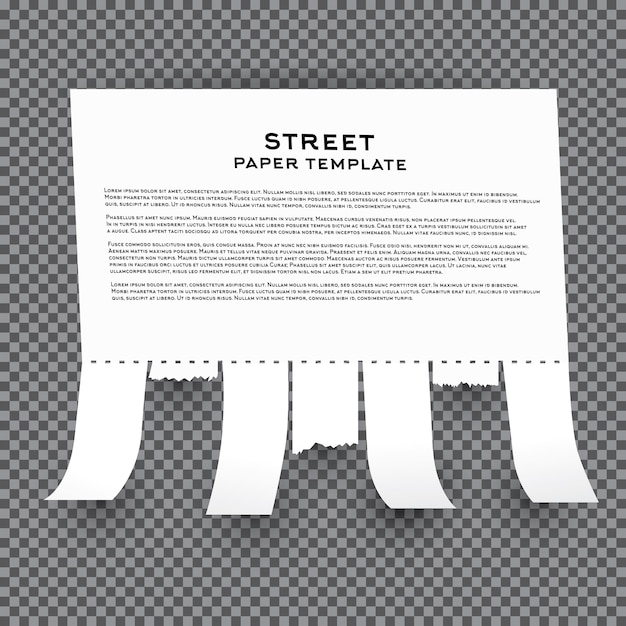 Strappare strisce di foglio di carta su sfondo trasparente. Modello Di Annuncio Di Strada Con Lo Spazio Della Copia. Illustrazione di vettore.