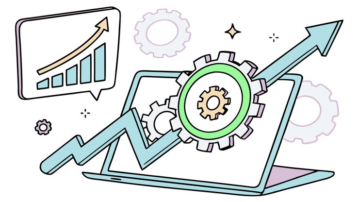 Vettore strategia di crescita di marketing laptop gears amp illustrazione del vettore di tendenza al rialzo