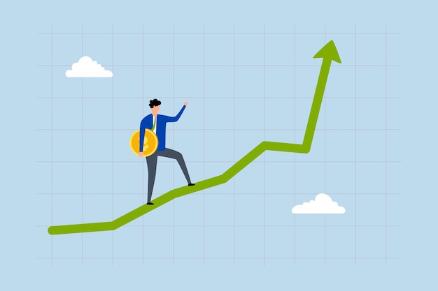 Strategia di investimento per guadagnare soldi Imprenditore investitore aggrappato a una grande moneta cammina su un grafico crescente
