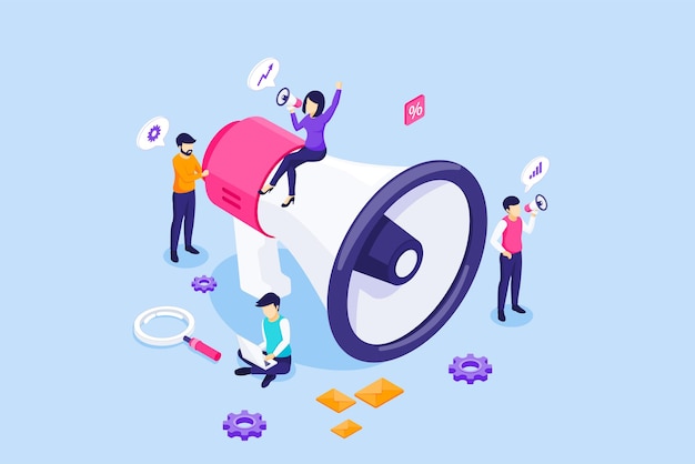 Strategia di marketing isometrica con persone che tengono e gridano sul megafono gigante per la promozione