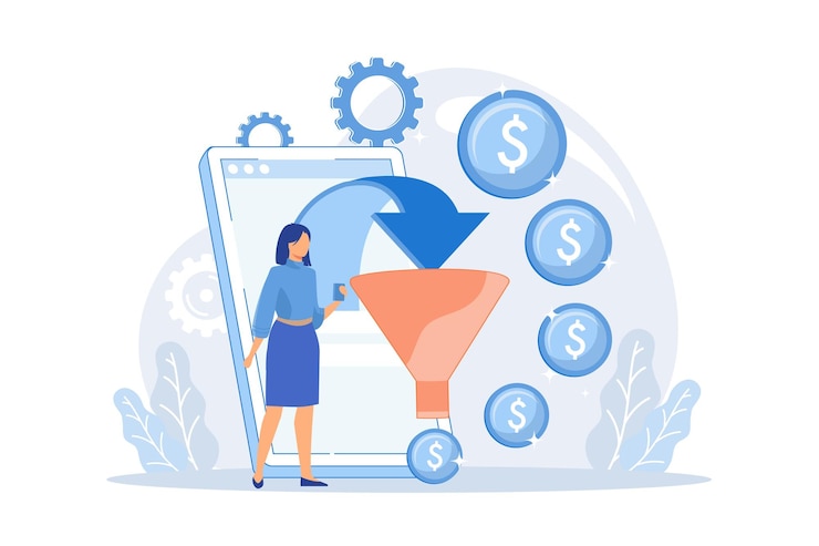 Vettore strategia di vendita dell'imbuto monetizzazione dei profitti target audience lead marketing di conversione marketologist