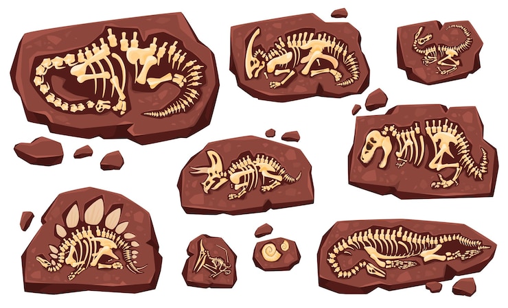 Vettore strato di terra con ossa fossili scavi archeologici di fossili di dinosauri