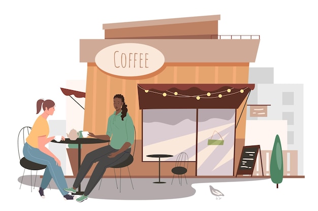 Street cafe edificio concetto web. Due donne che bevono caffè seduti a tavola in caffetteria. Incontrare gli amici a colazione