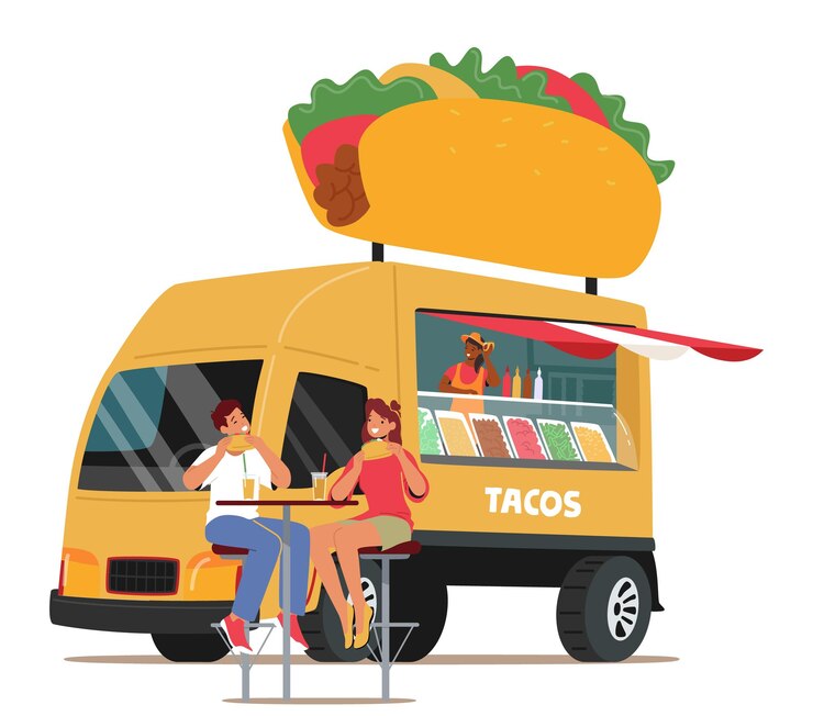 Vettore street food van cafe concept giovani che si divertono con gli hot dog in un bistrot estivo all'aperto persone che mangiano fast food