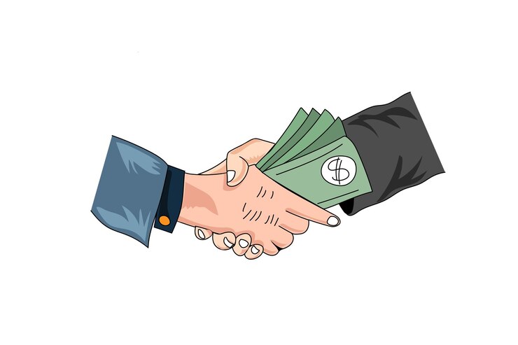 Stretta di mano con soldi e un concetto di corruzione della banconota da un dollaro