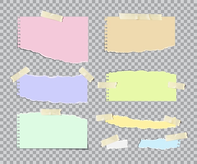 Strisce di carta strappate di diversi colori e forme con set di nastro adesivo appiccicoso Pezzi di fogli di raccolta di elementi di design di etichette di carta da lettere isolati su sfondo trasparente