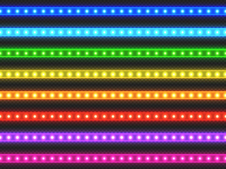 Vettore striscia luminosa a led nastro colorato realistico con effetto luminoso set di strisce luminose verdi rosso blu giallo viola e viola collezione di decorazioni luminose vettoriali