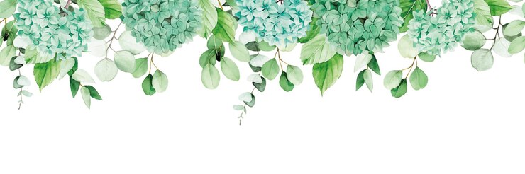 striscione con cornice senza cuciture ad acquerello con fiori di ortensia blu e foglie di eucalipto