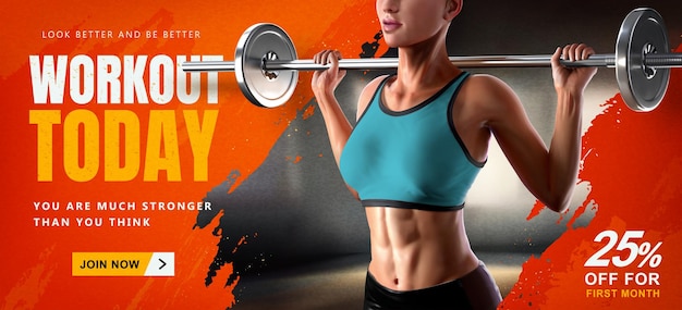 Striscione energico per il fitness con bilanciere 3d