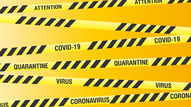 Striscione giallo sul tema della quarantena del coronavirus. Nastri gialli con strisce nere. illustrazione.