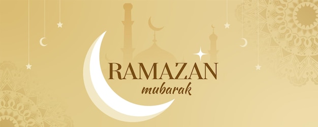 Striscione Ramadan Mubarak con lanterna islamica dorata, motivo e sfondo moschea.