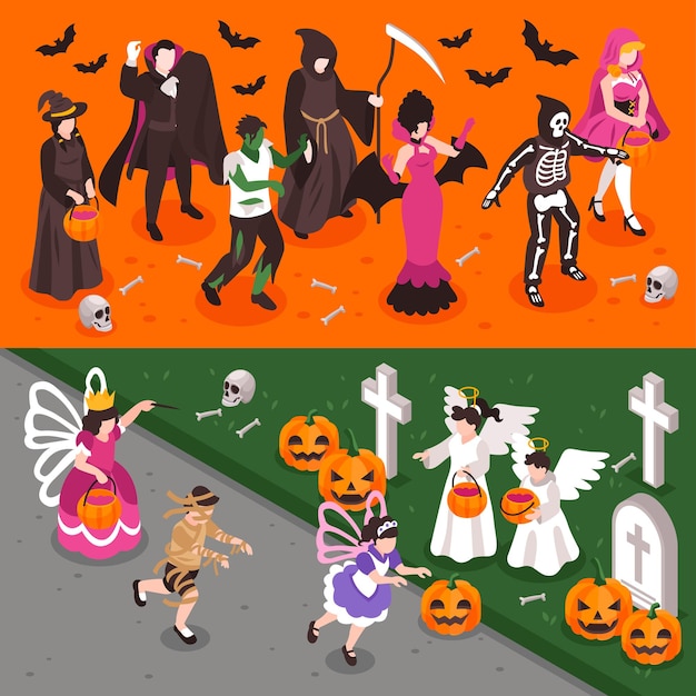 Striscioni di Halloween con adulti e bambini che indossano costumi da festa di creature buone e cattive