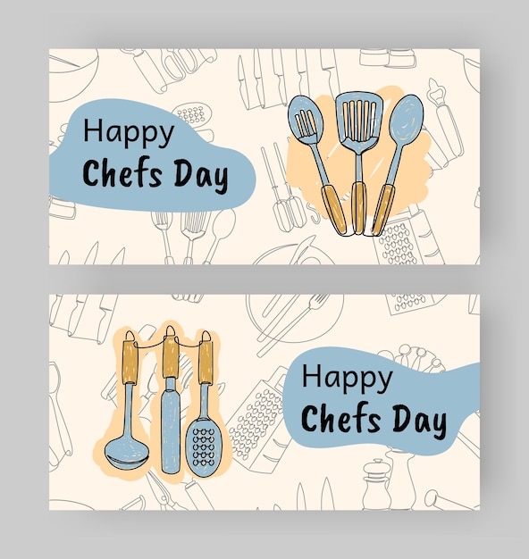 Strumenti da cucina Cacciatori Carta di giorno Strumenti di cucina per la casa Strumenti per la preparazione di alimenti Utensili da cucina Cucino e cucchiaio Cuoco di ristorante Strumenti da cena Feste professionali Set di striscioni culinari vettoriali
