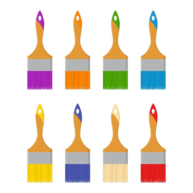Strumenti di progettazione pennelli di colori diversi isolati su sfondo bianco in stile piatto