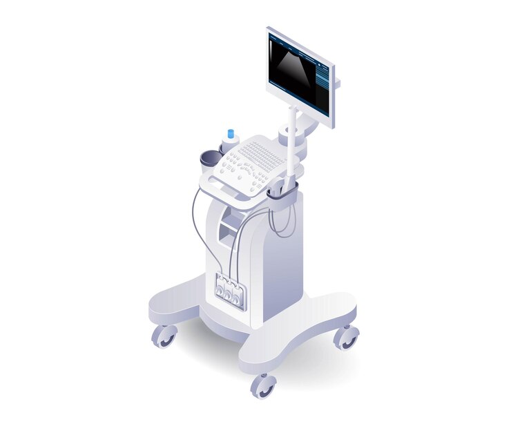 Strumenti medici ultrasuoni gravidanza paziente piatto illustrazione isometrica