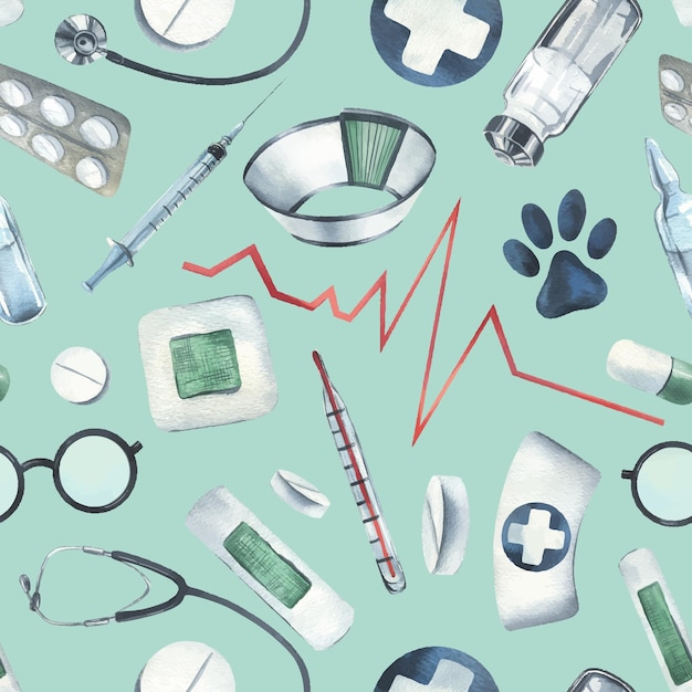Strumenti medici veterinari farmaci stetoscopio croce blu su sfondo turchese acquerello