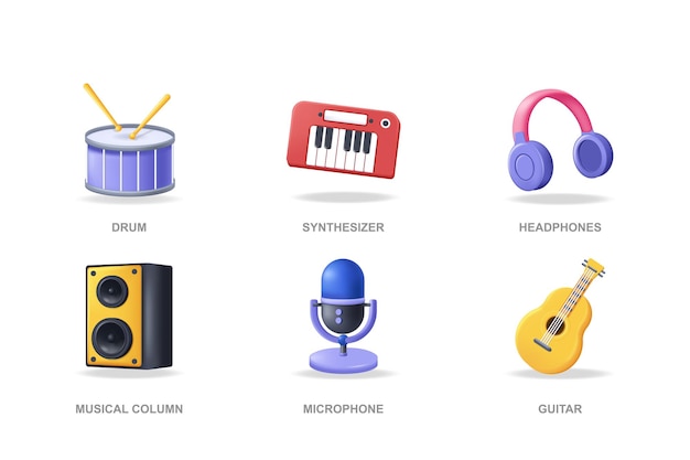 Strumenti musicali d icone impostate in un pacchetto di design moderno elementi isolati di cuffie sintetizzatore a tamburo