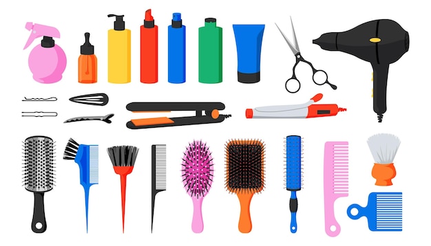 Strumenti per parrucchieri Attrezzature per il taglio di capelli per saloni di bellezza e barbieri Pettini e spazzole per capelli Asciugacapelli o piastra per capelli Bottiglie isolate con cosmetici Set di accessori professionali per acconciature vettoriali