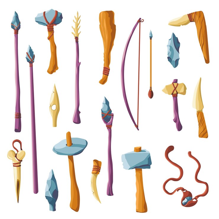 Vettore strumenti preistorici uomo delle caverne vecchio strumento per la caccia strumento dell'età della pietra lancia ascia coltello pietra martello pietra gente antica attrezzature in pelle storia artefatto recente illustrazione vettoriale