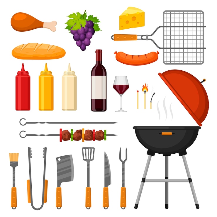 Vettore strumenti speciali e cibo per barbecue set di salsicce barbecue salse di pane di vino cena a casa di carne