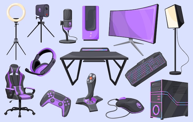 Strumenti Streamer Game stream configurazione attrezzature professionali cyber gaming intrattenimento lavorando accessori pro gamer online live camera monitor scrivania
