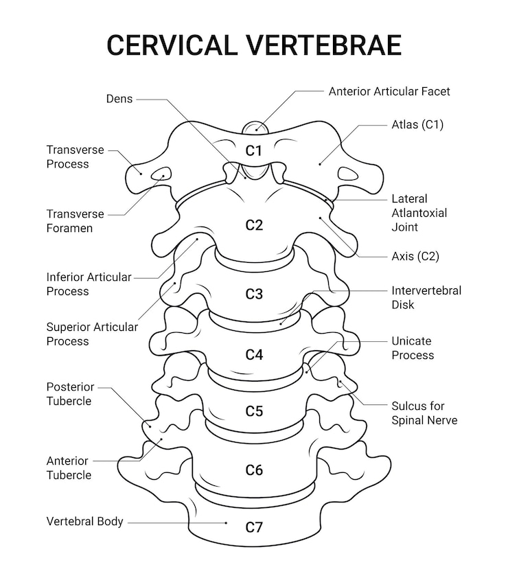 Vettore struttura anatomica delle vertebre cervicali in stile lineare