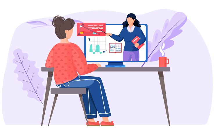 Vettore studente che studia matematica un monitor con un'illustrazione vettoriale di apprendimento della geometria video di matematica