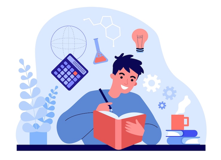 Vettore studente maschio che studia scienza dal libro. esperimenti di apprendimento dell'uomo in chimica, formule piatto illustrazione vettoriale. scuola, concetto di istruzione universitaria per banner, design di siti web o pagine web di destinazione