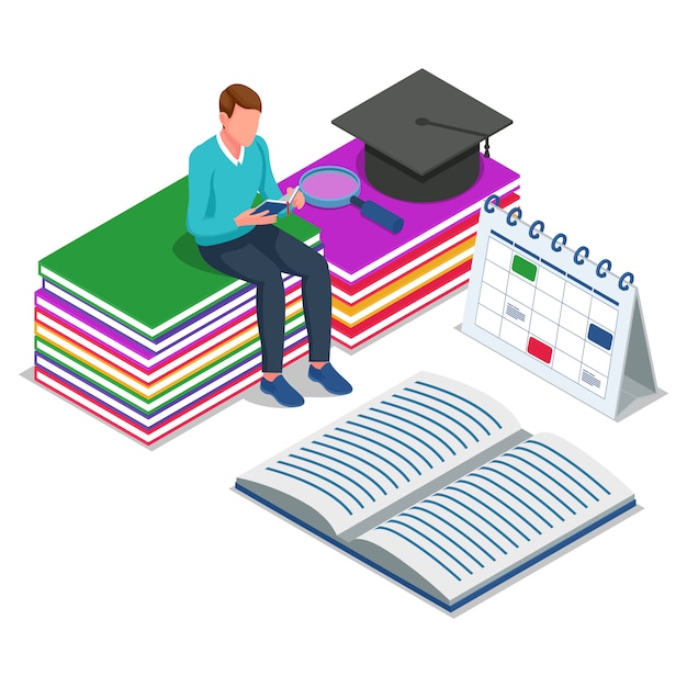 Studente seduto e leggendo libri. Isometrica torna al concetto di illustrazione scuola. Vettore