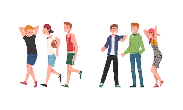 Studenti adolescenti che camminano insieme illustrano un cartone animato vettoriale