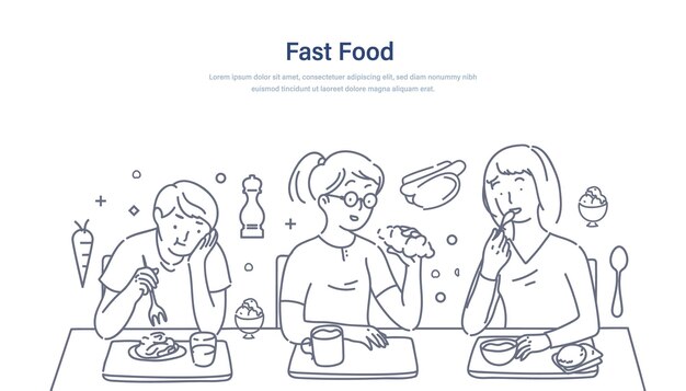 Studenti all'ora di pranzo, gruppo di giovani che mangiano fast food, gelati, dolci, bevono caffè