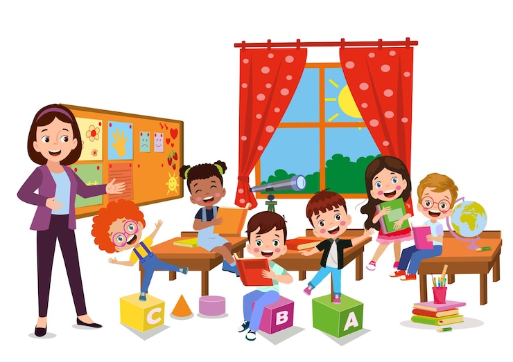 Vettore studenti carini in classe a scuola