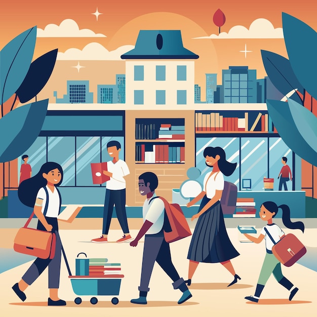 Studenti che escono dalla scuola con libri e borse