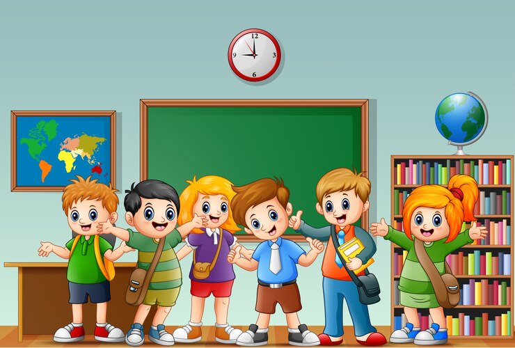 Vettore studenti felici in una classe