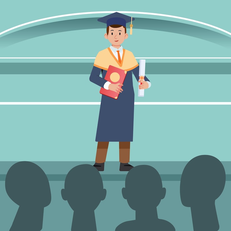 Vettore studenti laureati in piedi sul palco e silhouette del pubblico illustrazione vettoriale in stile piatto