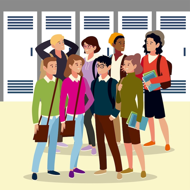 Vettore studenti universitari del gruppo con libri e borse, illustrazione di stile del fumetto