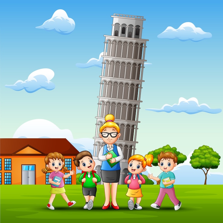 Vettore studiare all'aperto davanti al fondo della torre di pisa