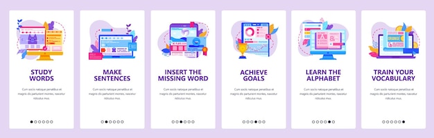 Studiare lingue straniere app per telefono cellulare Educazione tecnologia online imparare lingua e vocabolario modello di banner vettoriale per sito web e sviluppo mobile illustrazione di progettazione di sito web
