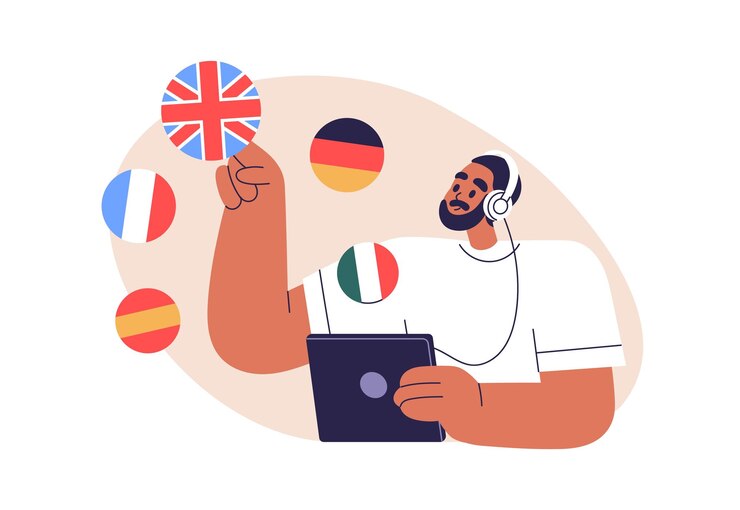 Vettore studiare una lingua straniera online studente che sceglie un corso di inglese per imparare in una scuola online concepto di e-learning di istruzione digitale illustrazione vettoriale grafica piatta isolata su sfondo bianco