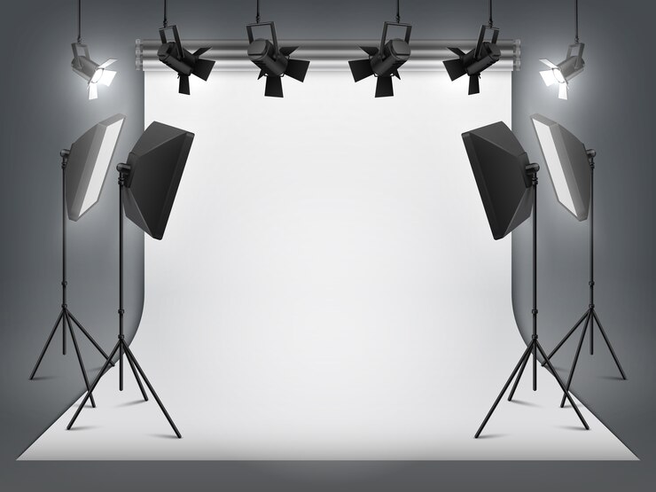 Vettore studio fotografico. sfondo fotografico e riflettore, proiettore realistico con treppiede e attrezzatura da studio