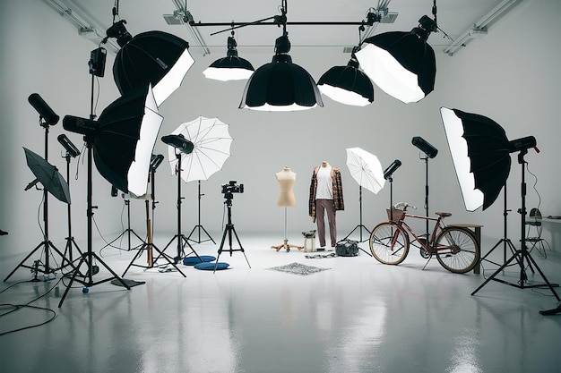Studio fotografico vuoto con apparecchiature di illuminazione