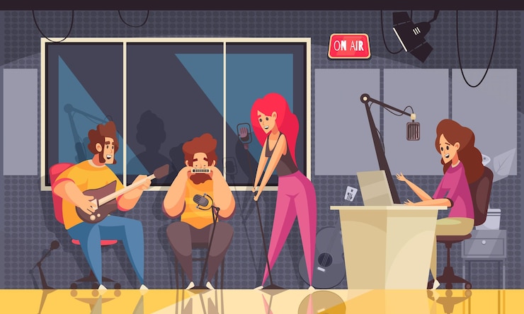 Vettore studio radiofonico con illustrazione piana di registrazione di musica