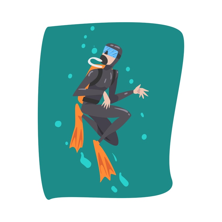 Vettore subacqueo professionista subacqueo maschera di snorkel e pinne nuoto in mare sport acquatico estremo illustrazione vettoriale in stile cartone animato