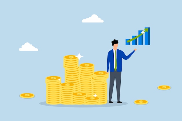 Successo di crescita degli investimenti Imprenditore di successo con un mucchio di monete e un grafico crescente