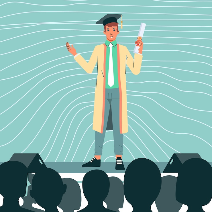 Vettore successo uomo con occhiali studenti laureati in piedi sul palco e pubblico illustrazione vettoriale in stile piatto