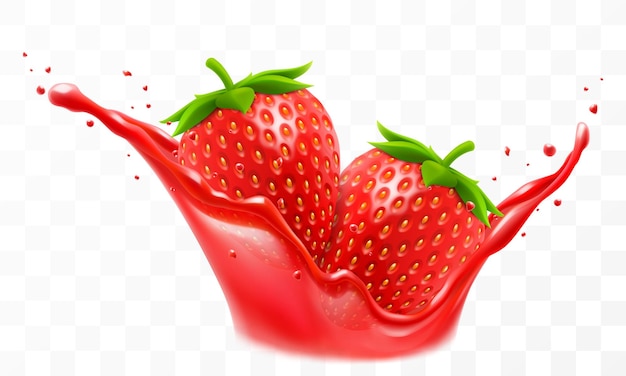 Succo di fragole fresca fragola matura cade in una spruzzatura di succo isolato su trasparente